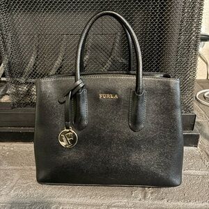 Furla Black Saffiano Leather Tote with Gold Charm